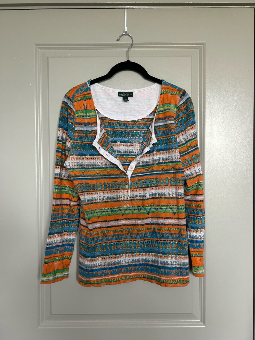 Lauren Ralph Lauren Orange Teal Striped Henley Long Sleeve Top